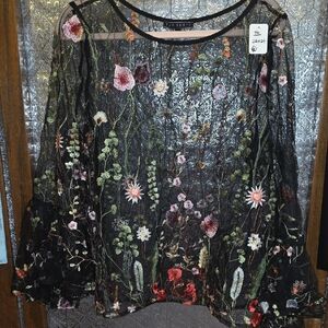 Topshop Black Lace Blouse with Floral Embroidery